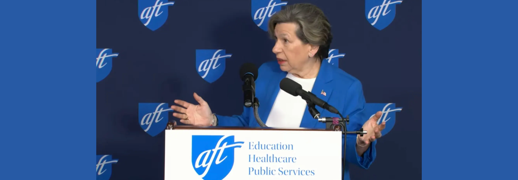 AFT President Randi Weingarten delivers a speech at the National Press Club in Washington, D.C. on May 27. During the speech, the union president spoke about the importance of schools fostering human connections in an age of artificial intelligence. She unveiled a 10-point plan that addresses concerns around AI and technology in schools. Credit: AFT